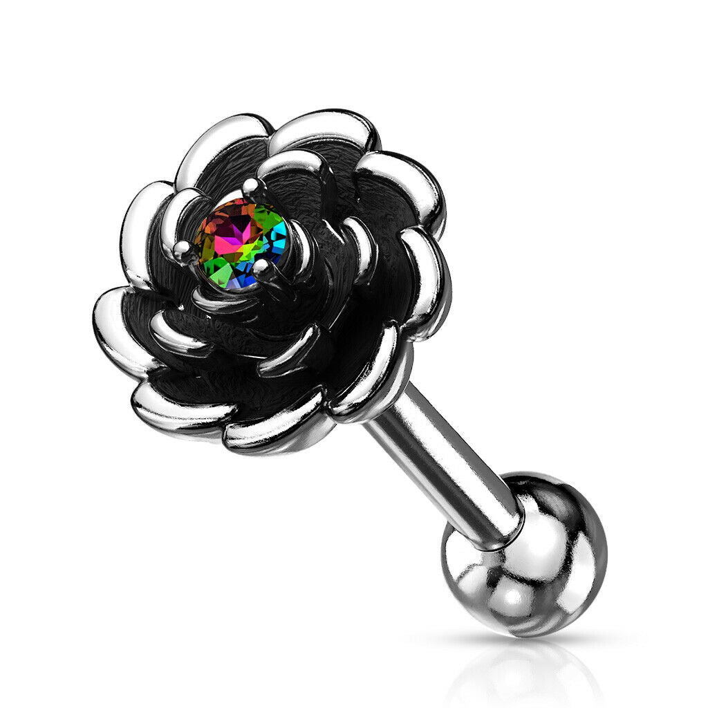 1pc Antique Silver Flower Helix Tragus Cartilage Bar Stud Earring CZ Gem Center