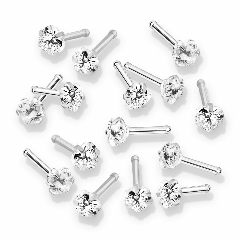 10pcs Prong Set Clear Heart Gem Nose Ring Studs 18g 20g Wholesale Body Jewelry
