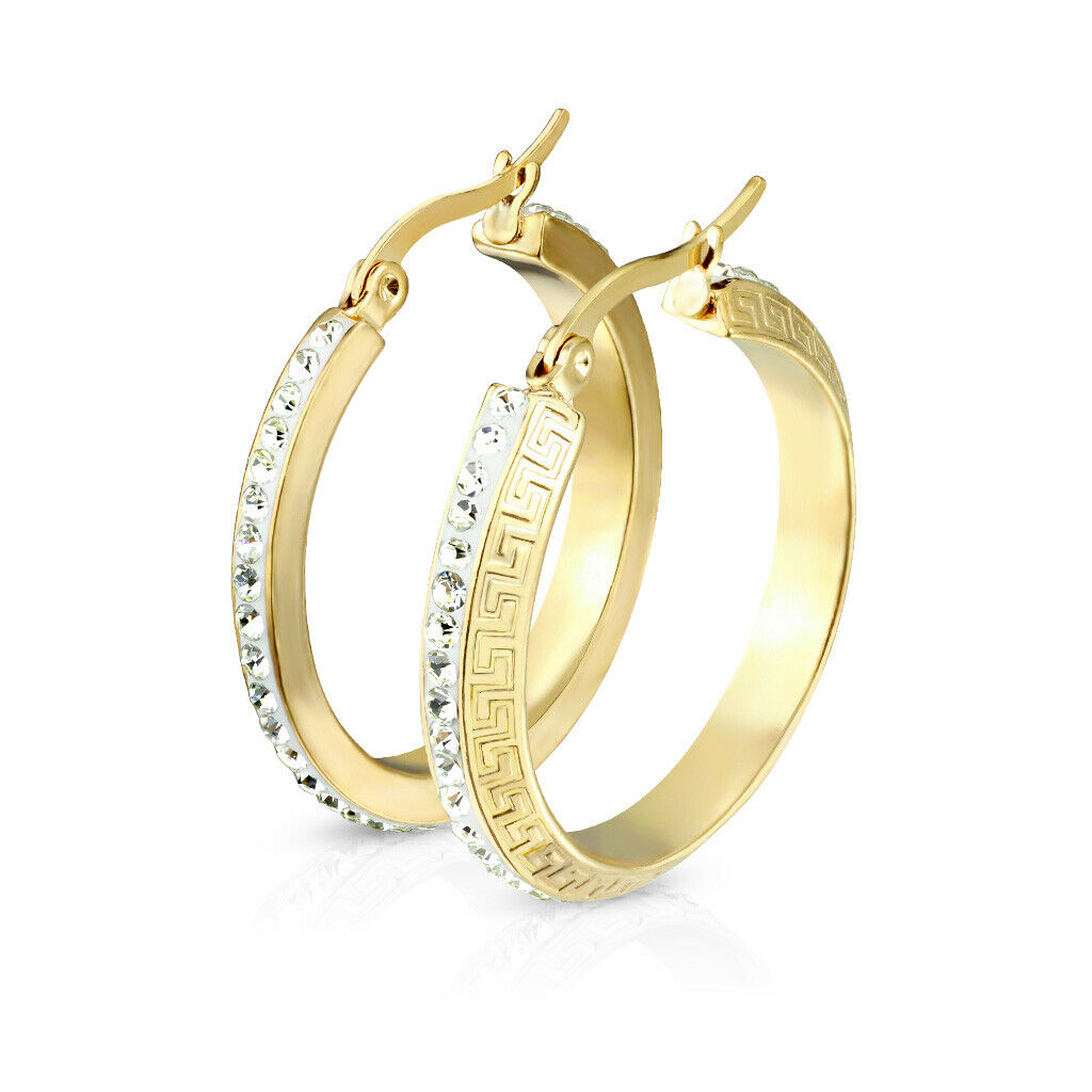 PAIR of Maze Hoop w/ Crystal Gem Paved Outer Rim Earrings 20g Stainless Steel