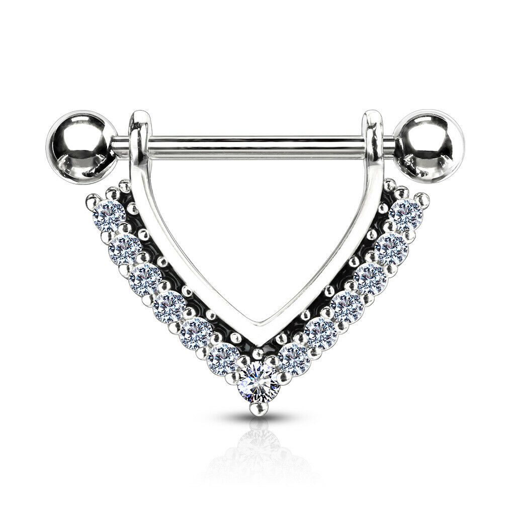 PAIR CZ Gem Paved Black Enamel Dangle Nipple Shields Rings Steel Barbells