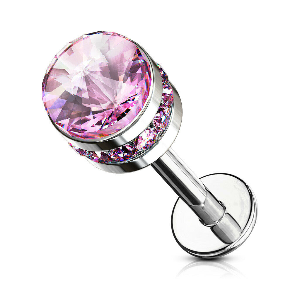 1pc Cystal Paved Side Gem Cylinder 16g Labret Internally Threaded Helix Tragus