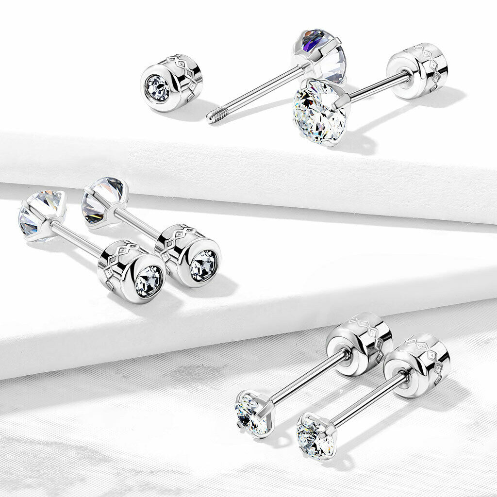 PAIR Prong Set CZ Gem Stud Earrings w/ Gem Centered Screw Back Surgical Steel