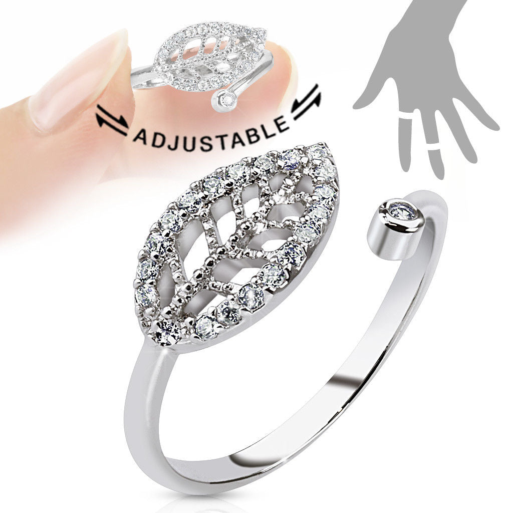 Leaf Multi-Paved CZ Gems Adjustable Nail Ring / Toe Ring