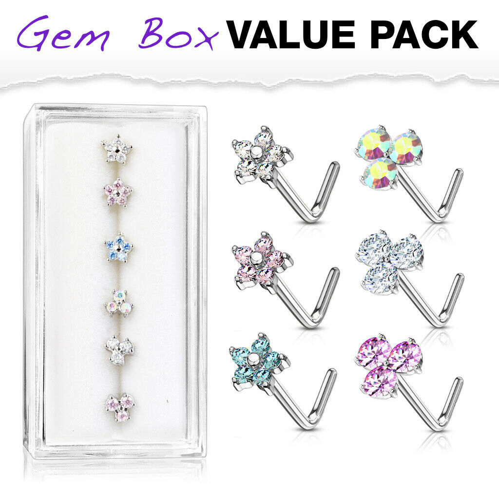 6pcs Triangle & Flower CZ Gem L-Bend Nose Stud Rings Screws 20g Box Value Pack