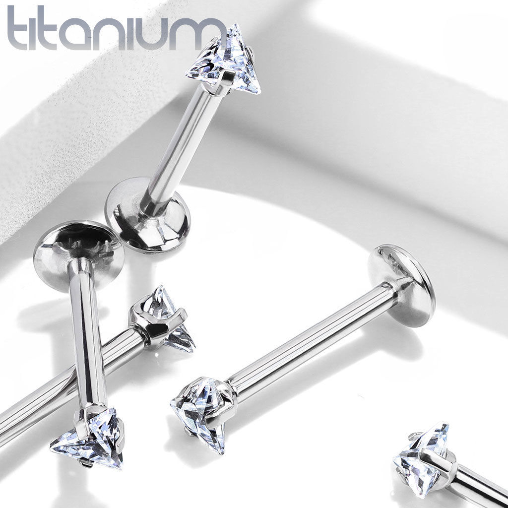 1pc Internally Threaded Solid Titanium Triangle Gem Labret, Monroe Stud Lip Ring