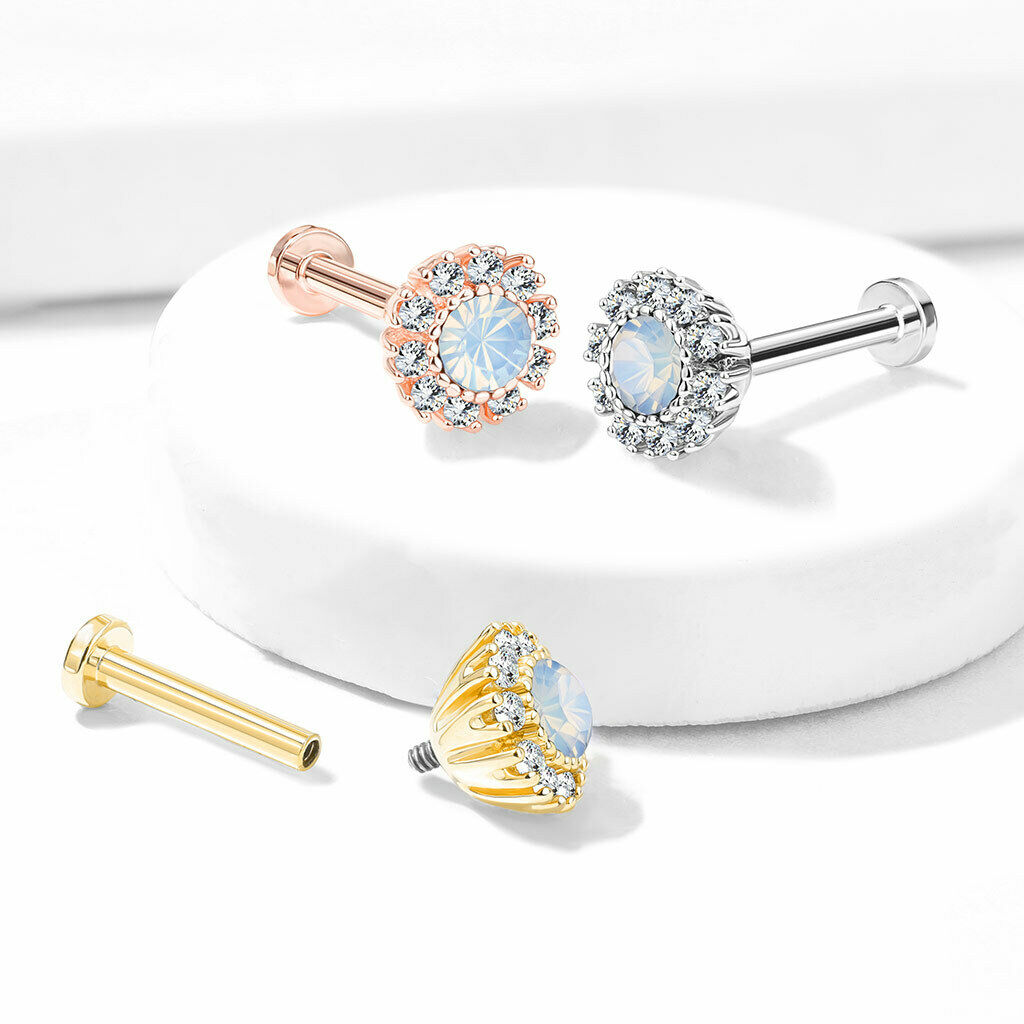 1pc Opalite Gem Flower 16g Labret Internally Threaded Steel Monroe Tragus Helix