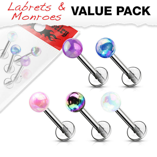 5pc Value Pack Metallic Iridescent Labrets Cartilage Stud Internally Threaded