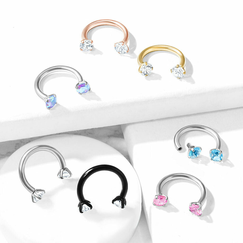 1pc Prong Set Gems Circular Barbell Horseshoe Lip Nipple Septum Ring 16g