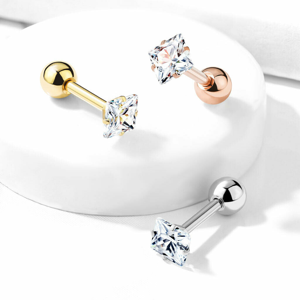 1pc Square CZ Gem Ion Plated Tragus Stud Helix Cartilage Ring Earring 16g 1/4"