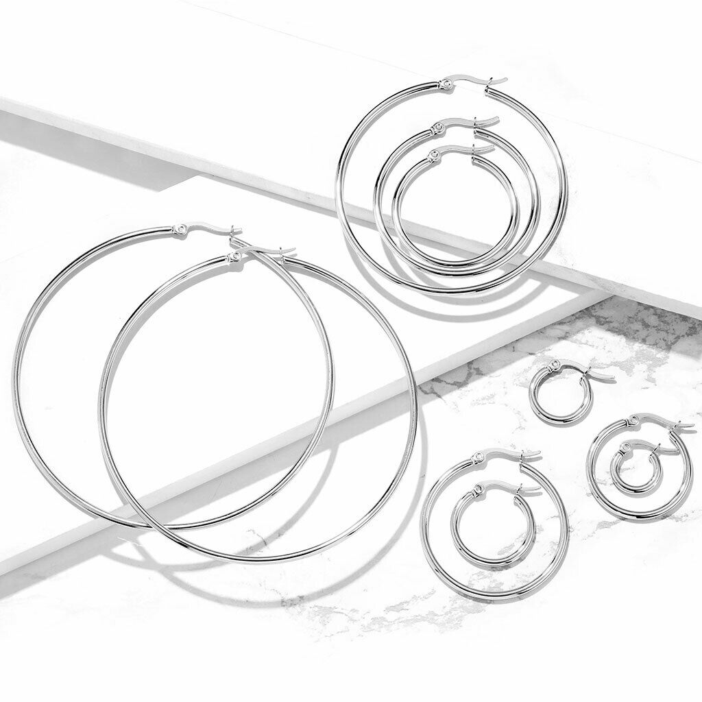 PAIR of Round Hoop Earrings Silver Color 22g 316L Stainless Steel