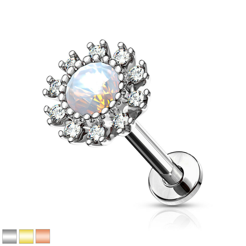 1pc Opalite Gem Flower 16g Labret Internally Threaded Steel Monroe Tragus Helix