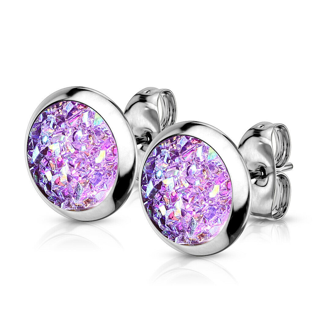 PAIR of Druzy Stone Set Stud Earrings 20g 316L Stainless Steel