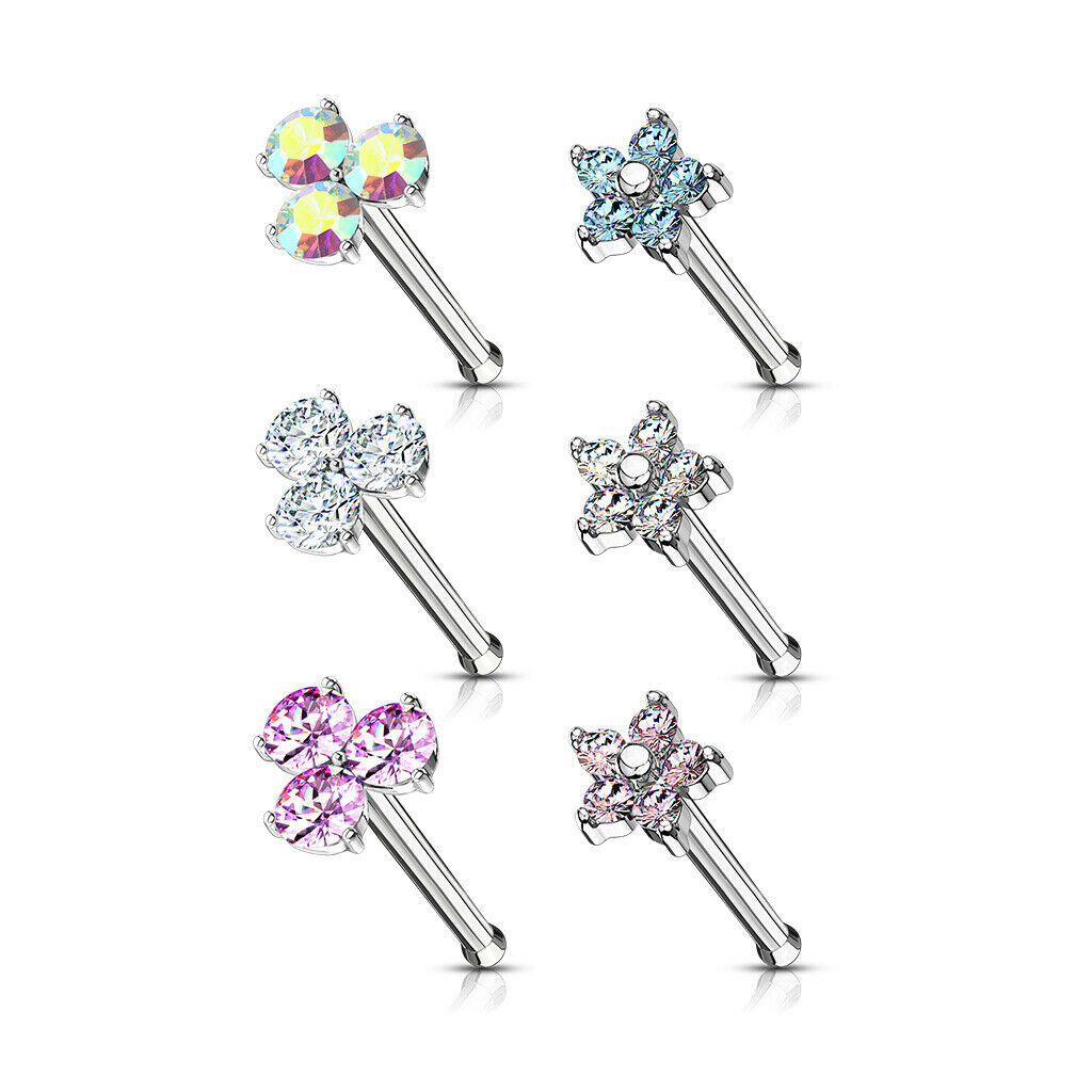 6pcs Triangle & Flower CZ Gem Nose Stud Bone Rings 20g Steel Box Value Pack