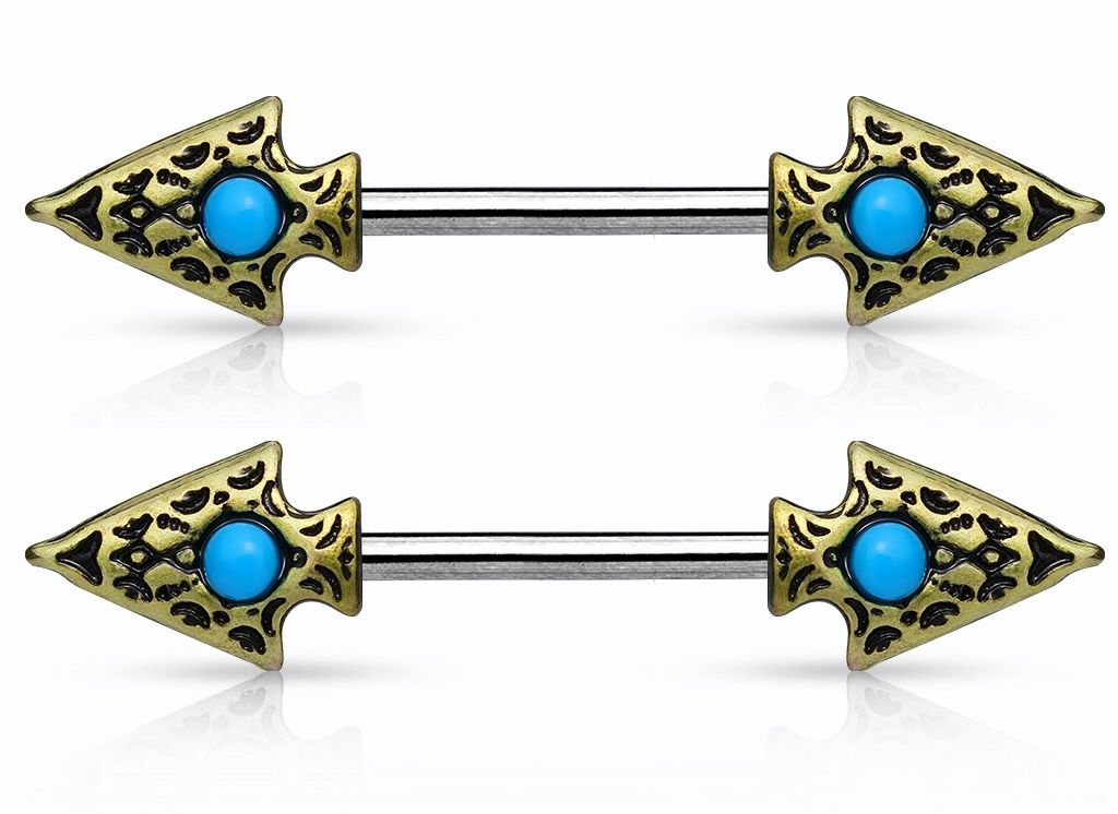 PAIR Tribal Spear w/Turquoise Nipple Barbells Rings Shields