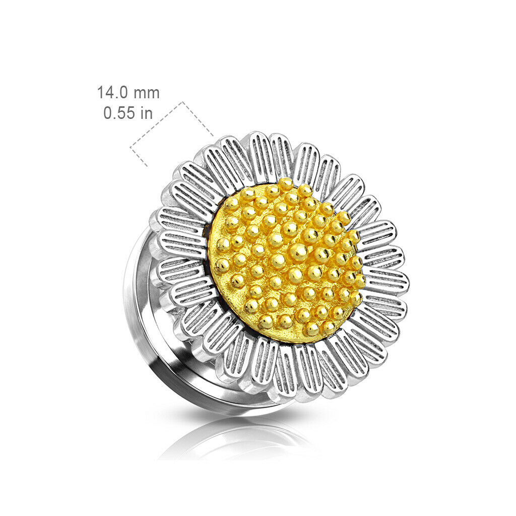 PAIR Daisy Flower Steel Screw Fit Tunnels Plugs Gauges Earlets Body Jewelry