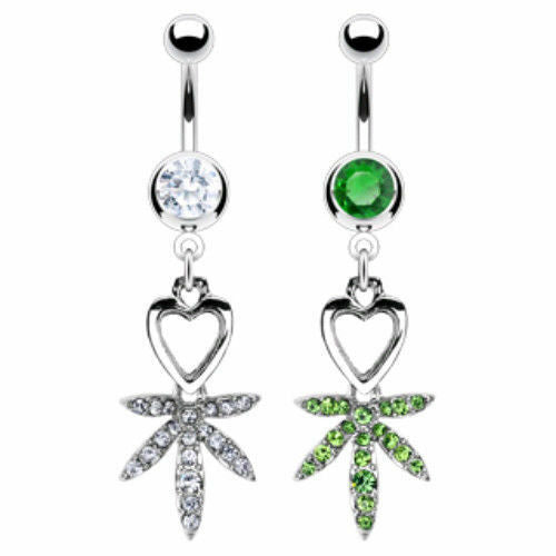 1pc Heart & Pot Leaf Paved CZ Gem Belly Ring