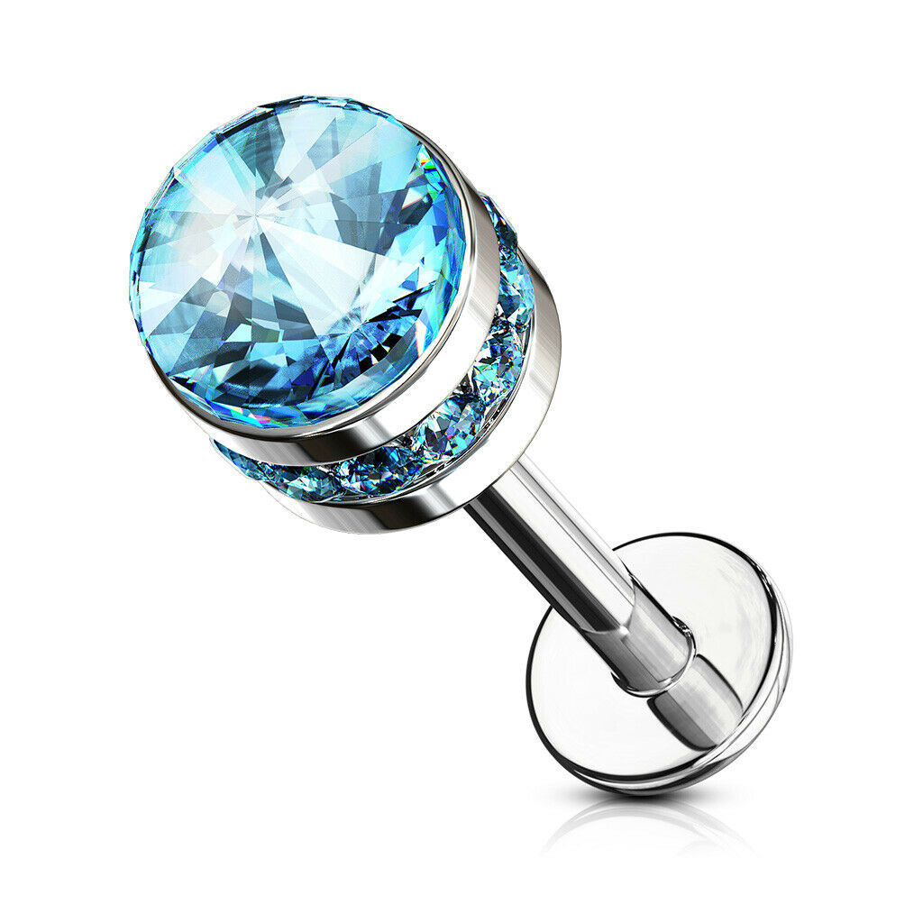 1pc Cystal Paved Side Gem Cylinder 16g Labret Internally Threaded Helix Tragus