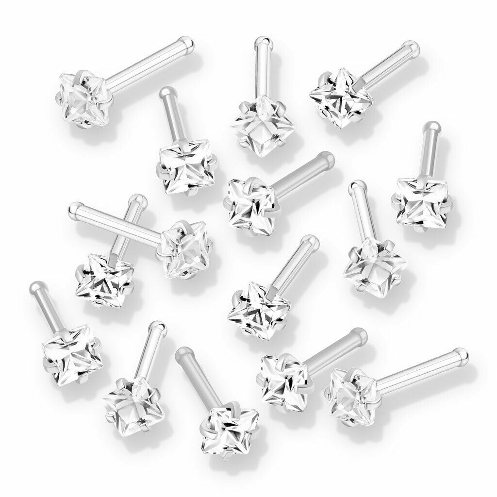 10pcs Prong Set Clear Square Gem Nose Ring Studs 18g 20g Wholesale Body Jewelry