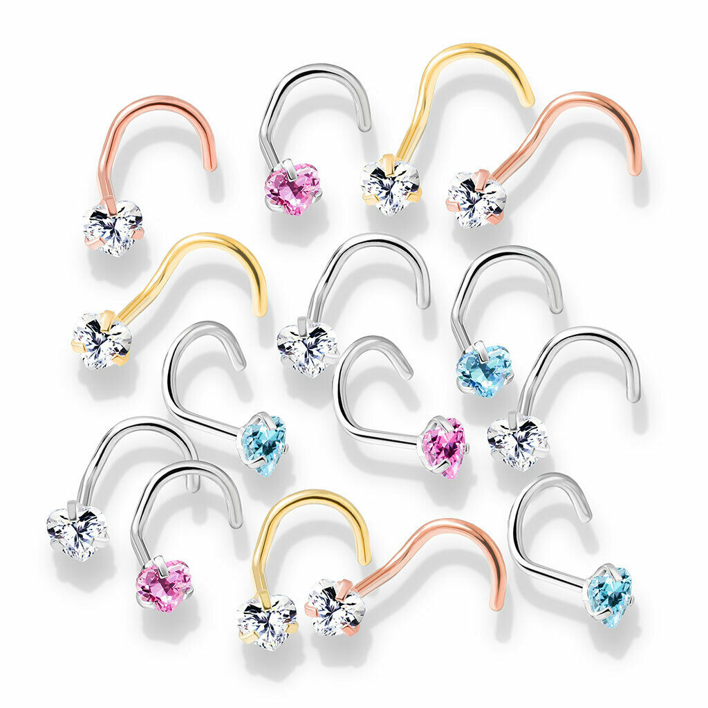 5pcs Prong Set Heart Gem Nose Ring Screws 316L Surgical Steel Body Jewelry
