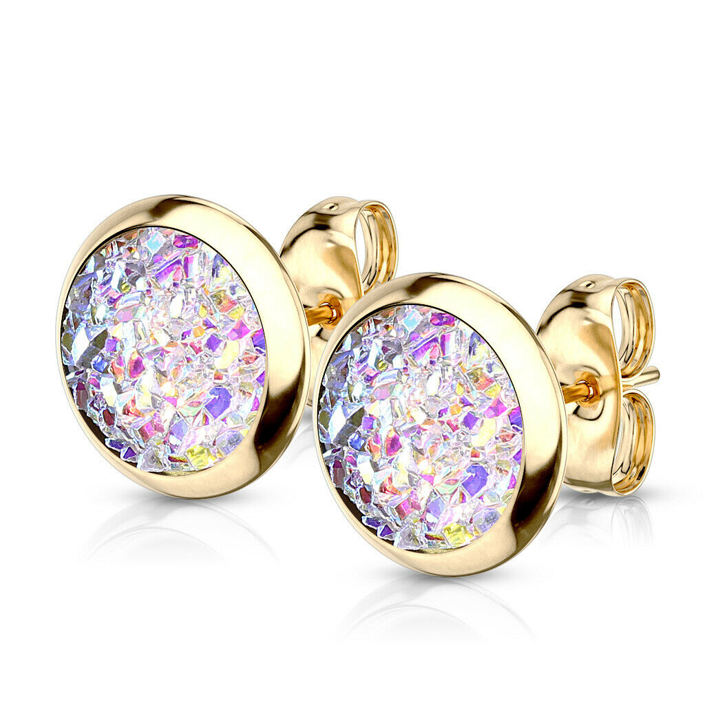 PAIR of Druzy Stone Set Stud Earrings 20g 316L Stainless Steel