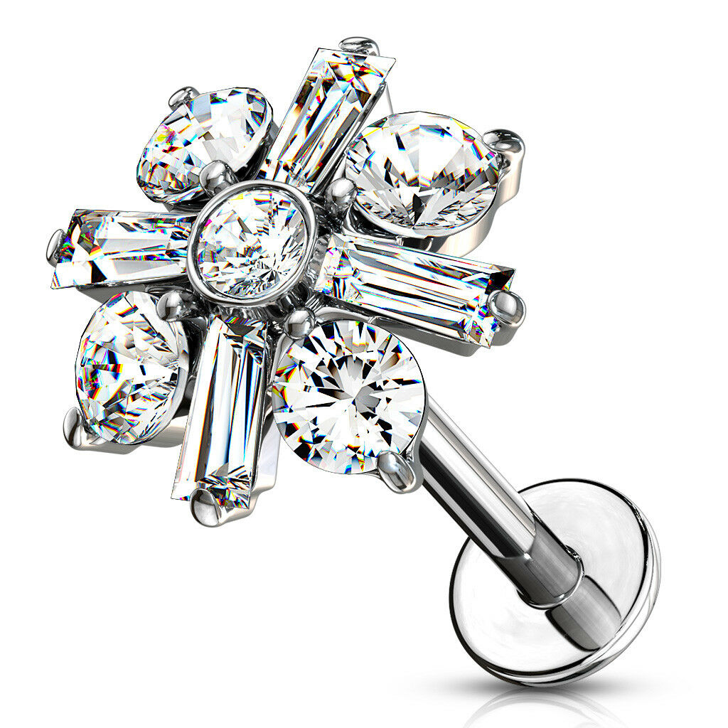 1pc Baguette & Round Crystals Labret 16g Internally Threaded Steel Helix Tragus