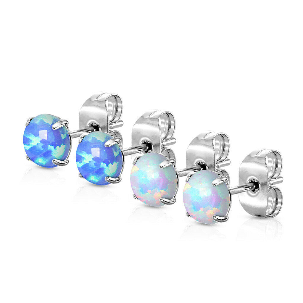 PAIR Prong Set Opal Earrings 316L Surgical Steel - choose from 2 colors, 3 sizes