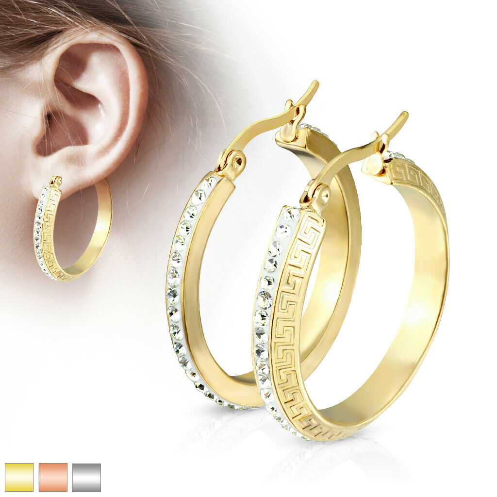 PAIR of Maze Hoop w/ Crystal Gem Paved Outer Rim Earrings 20g Stainless Steel