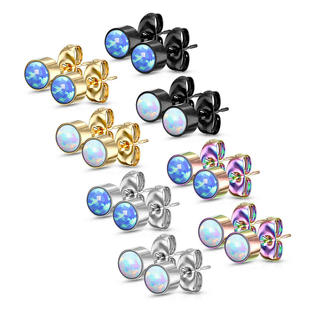 PAIR of Round Opal Bezel Set Earrings 20g 316L Stainless Steel