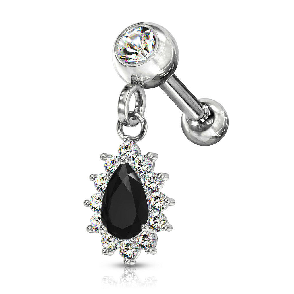 1pc CZ Gem Pear Dangle Surgical Steel Tragus Cartilage Barbell Ring 16g 1/4
