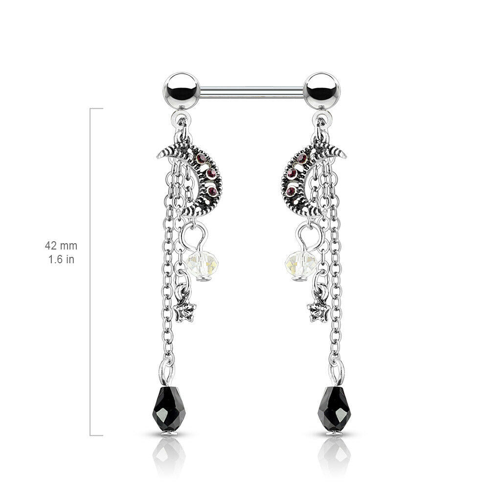 PAIR Moon & Beads Dangle Nipple Rings Steel Barbells Shields Body Jewelry