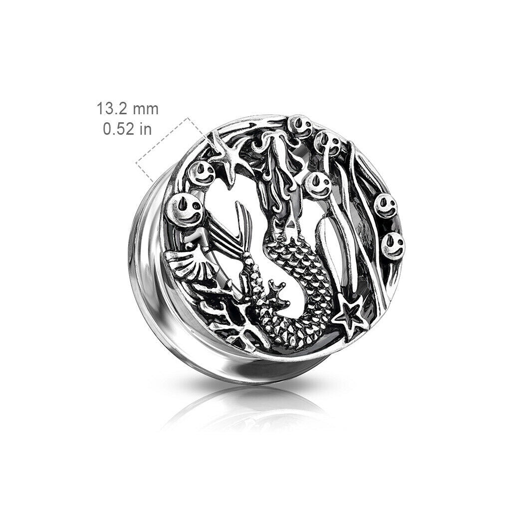 PAIR Silver Plated Siren Tunnels Mermaid Surgical Steel Plugs Earlets Gauges