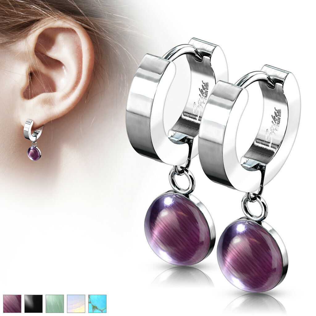 PAIR of Hinged Hoop Earrings Semi-Precious Stone Dangle 20g 316L Stainless Steel