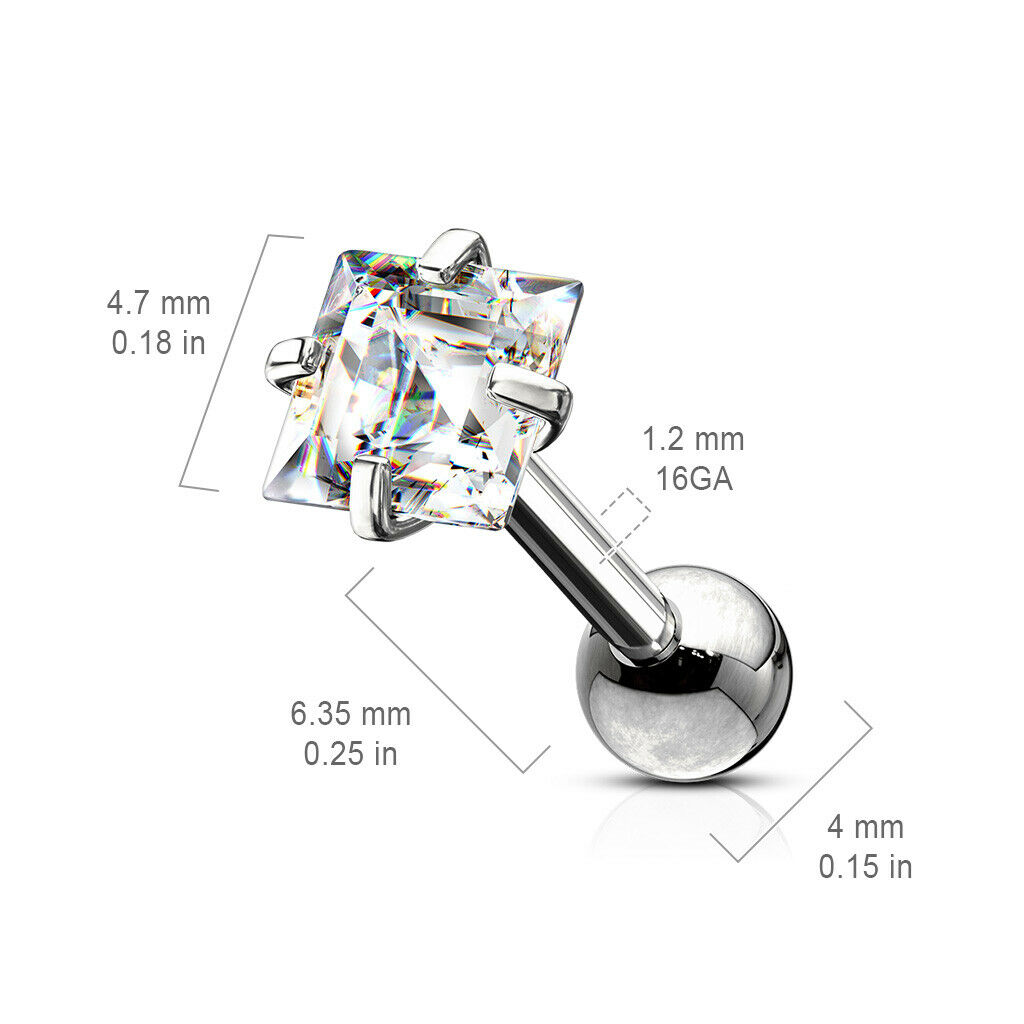 1pc Square CZ Gem Ion Plated Tragus Stud Helix Cartilage Ring Earring 16g 1/4"