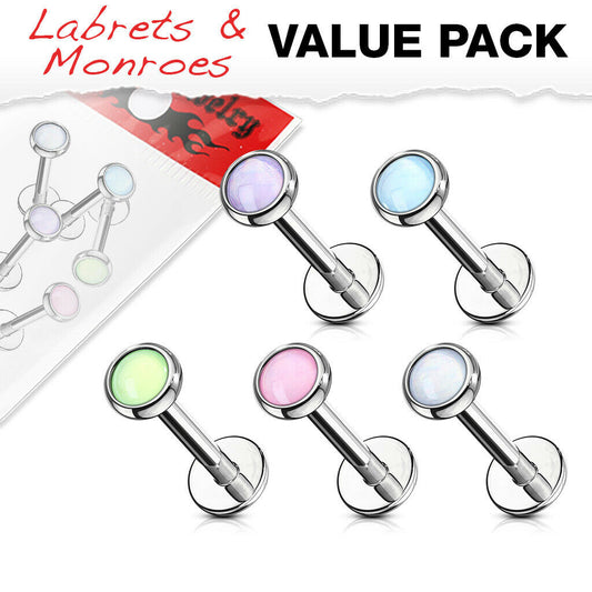 5pc Value Pack Illuminating Stone Labrets Cartilage Stud Internally Threaded
