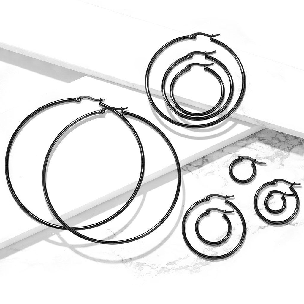 PAIR of Round Hoop Earrings 22g Black Ion Plated Stainless Steel