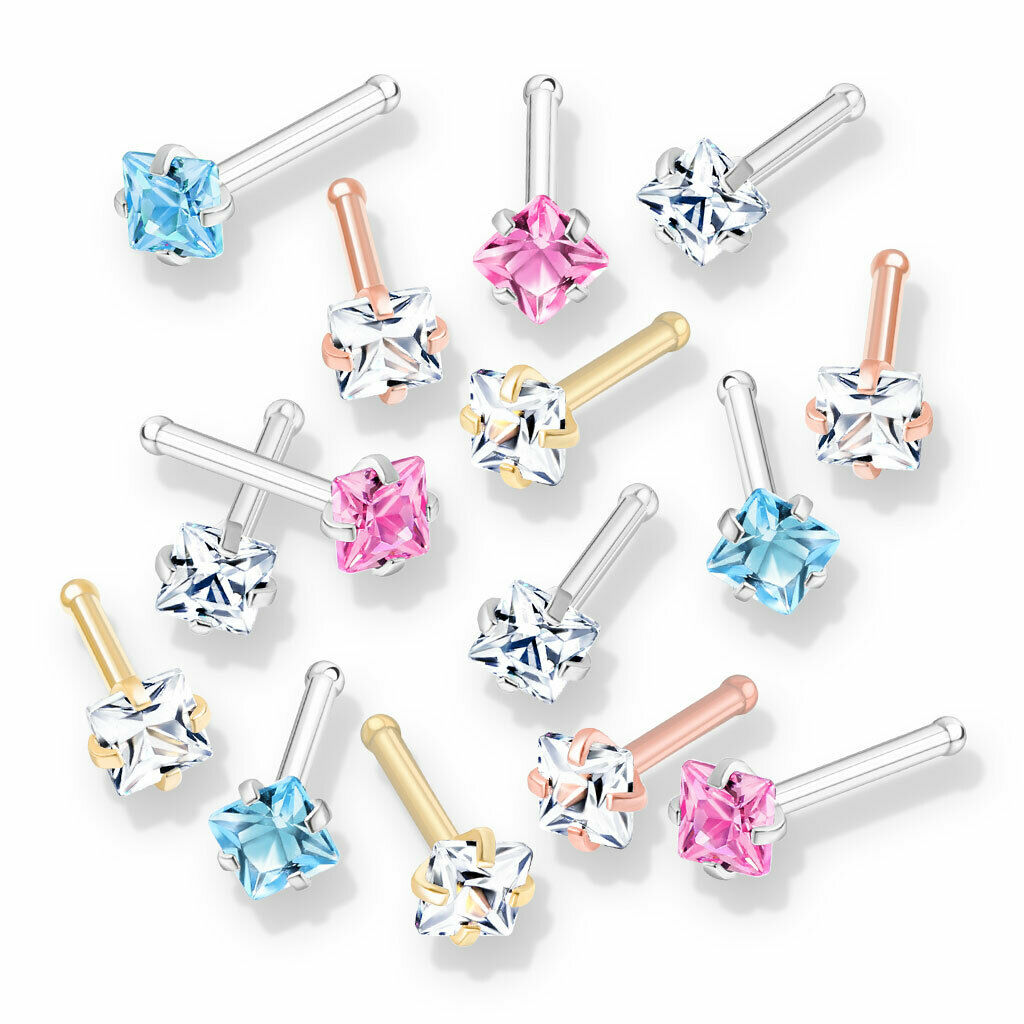 5pcs Prong Set Square Gem Nose Ring Studs Bones 316L Surgical Steel Body Jewelry