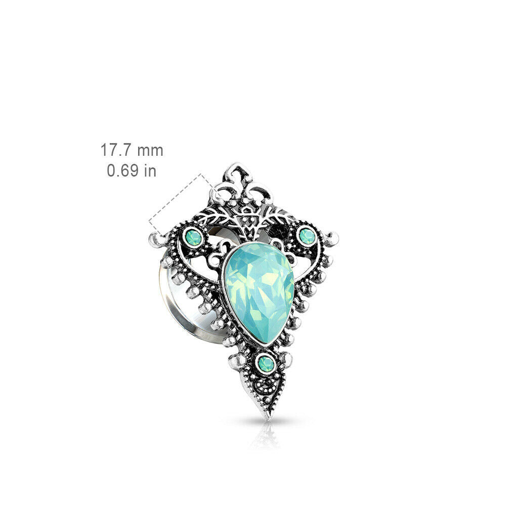 PAIR Green Opalite Teardrop Tribal Shield Plugs Antique Silver Top Steel Tunnels