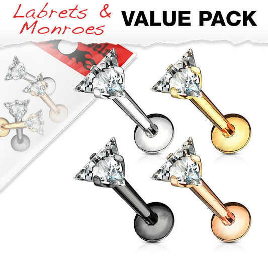 4pc Value Pack Prong Set Triangle Gem Labrets Cartilage Stud Internally Threaded