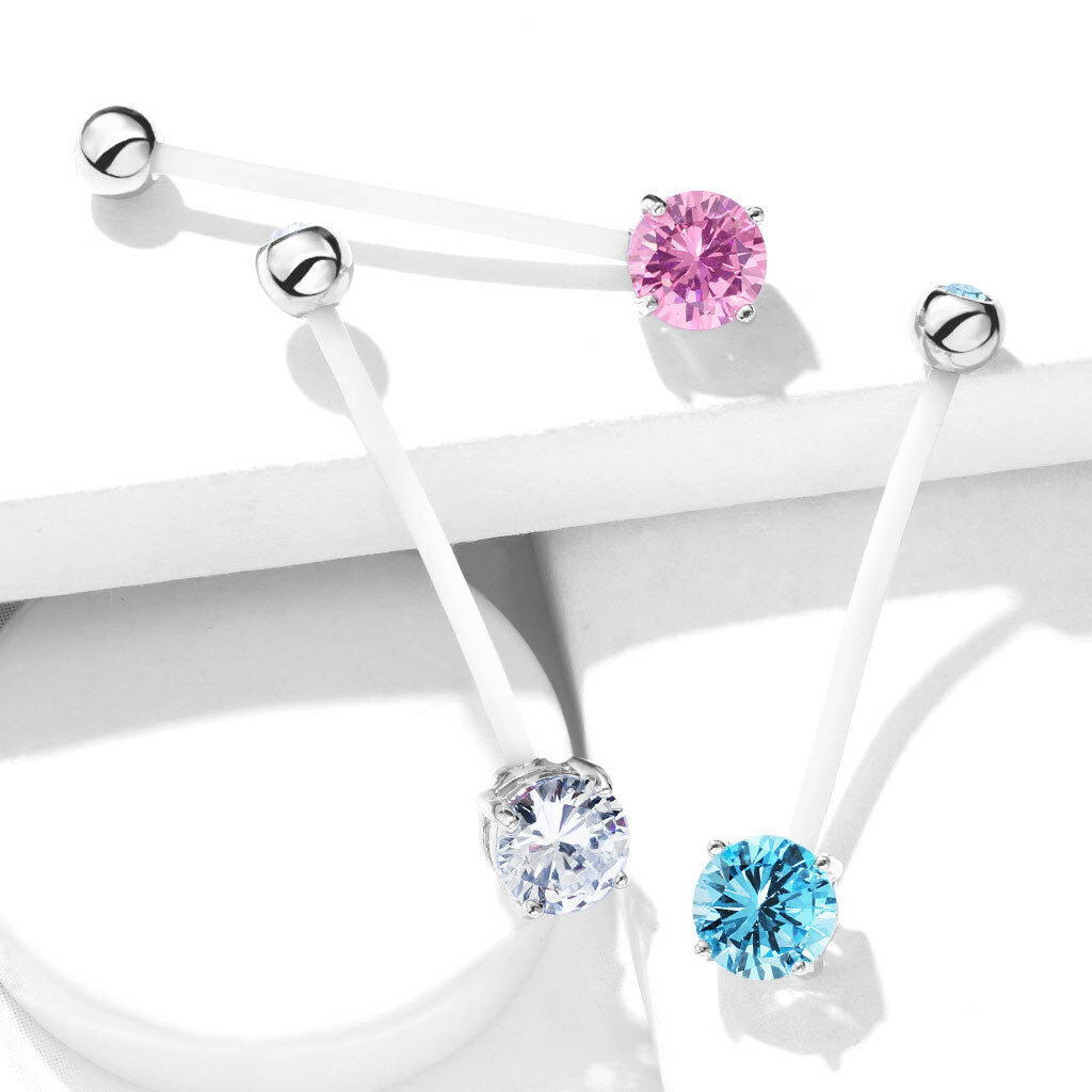 1pc Pregnancy Belly Ring CZ Gem Solitaire 1" Bio Flex Maternity Navel 14g