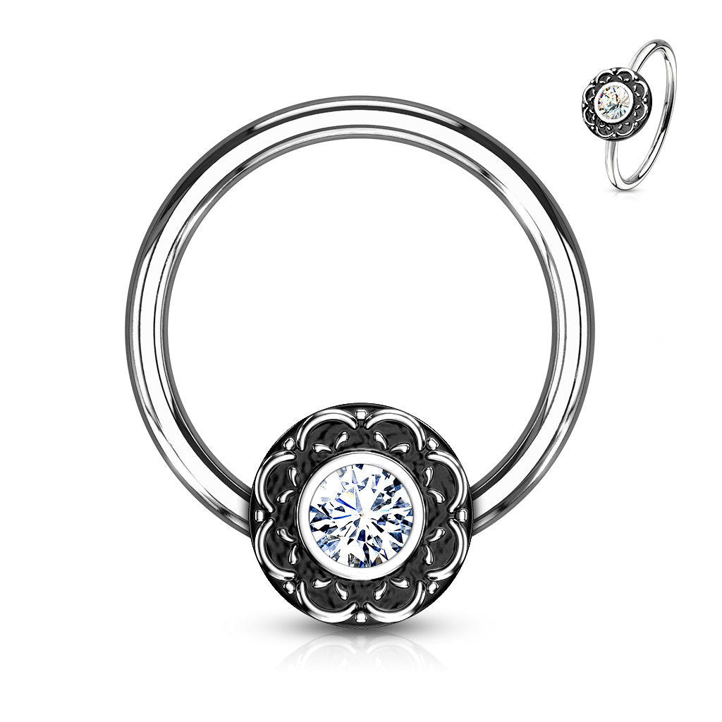 1pc Crystal Centered Filigree Surgical Steel Captive Bead Ring