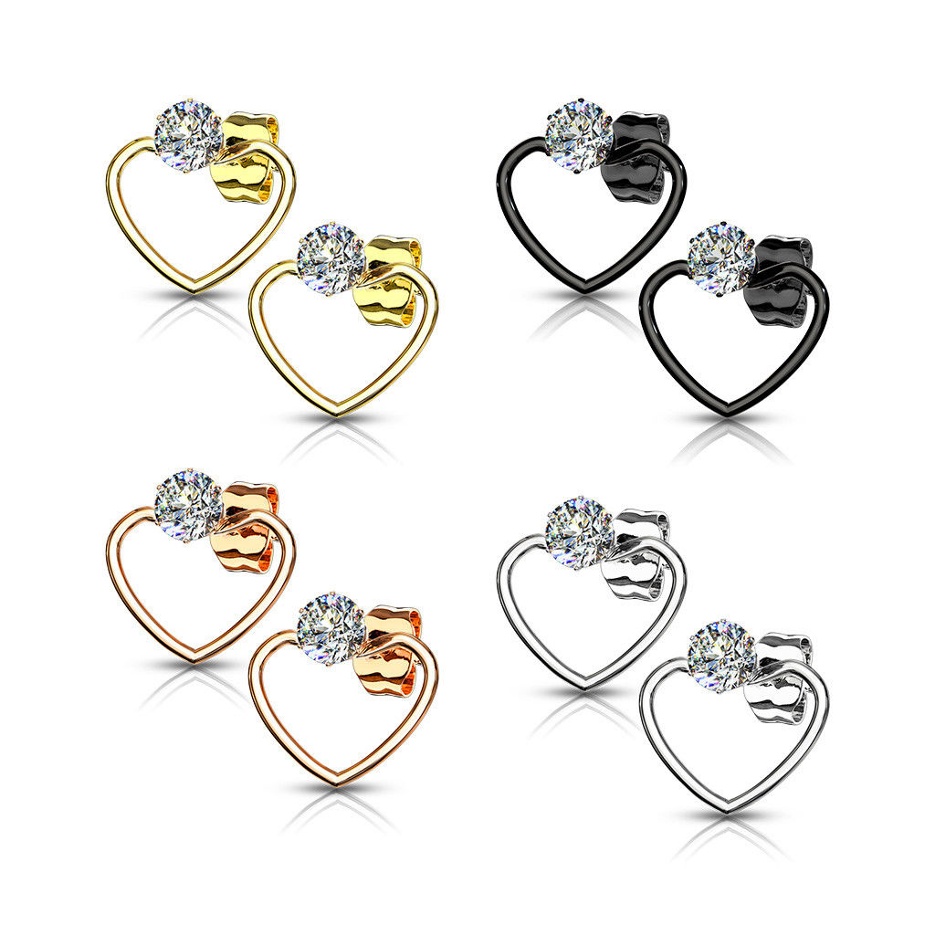 PAIR of CZ Gem Solitaire IP Stainless Steel 20g Earrings w/ Heart