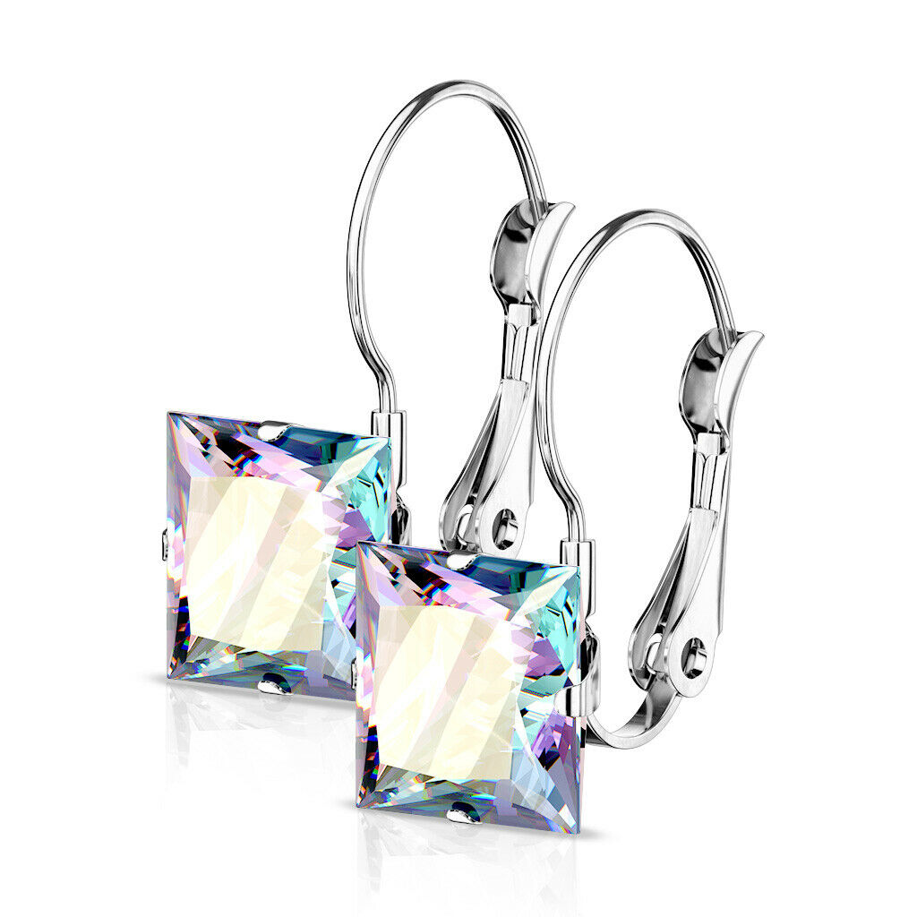 PAIR of Square CZ Gem Earrings w/ Lever Back 20g 316L Stainless Steel