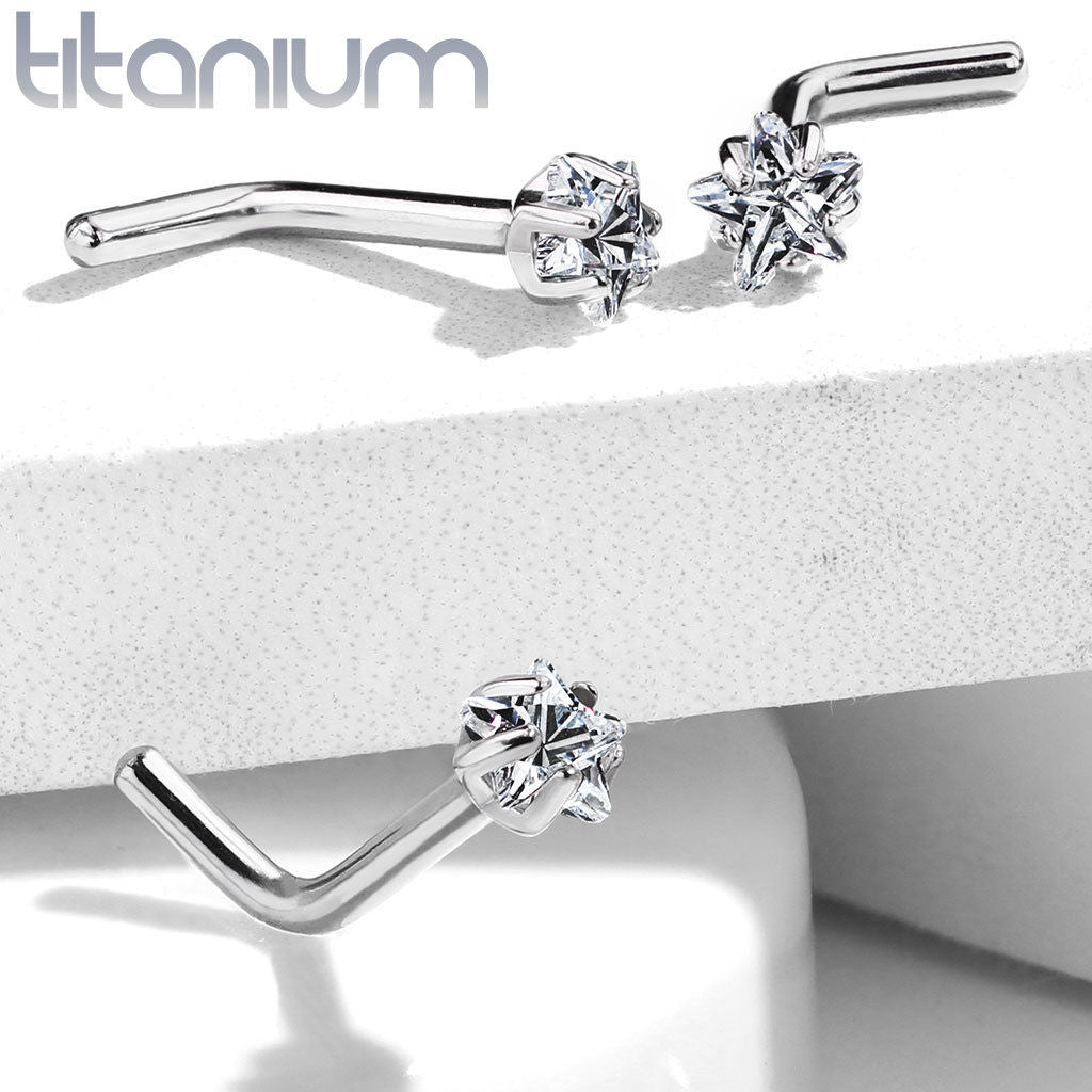 1pc Solid Grade 23 Titanium L-Bend Nose Ring w/ Star CZ Gem