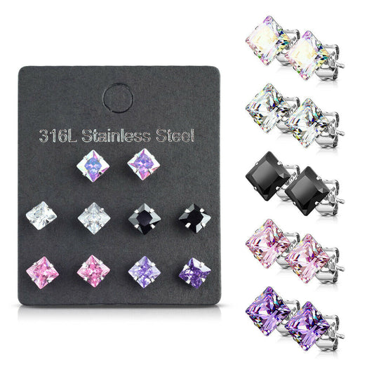 5 PAIRS Square CZ Gem Stud Earrings 316L Steel retail / display peggable card