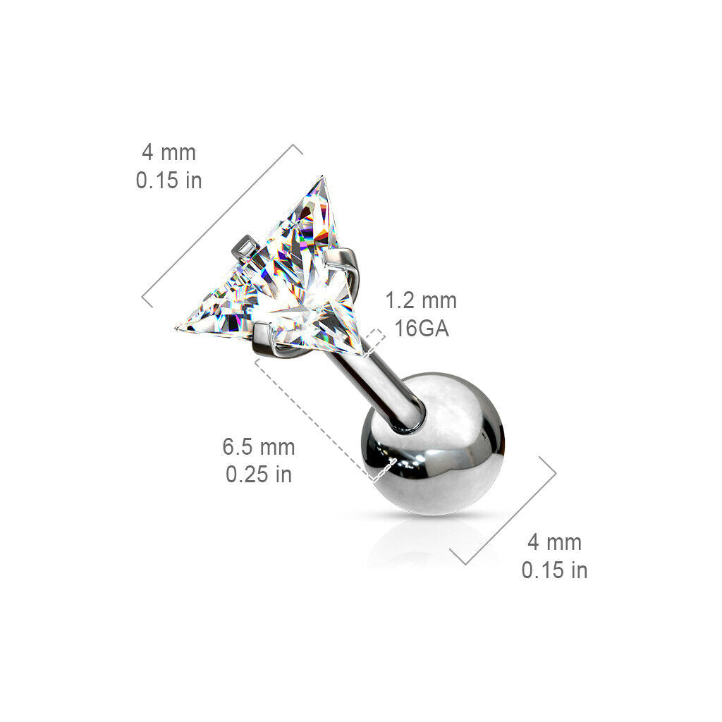 1pc Triangle CZ Gem Ion Plated Tragus Stud Helix Cartilage Ring Earring 16g 1/4"