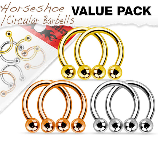 3 PAIR Value Pack Steel, Gold and Rose Gold Circular Barbells Horseshoes