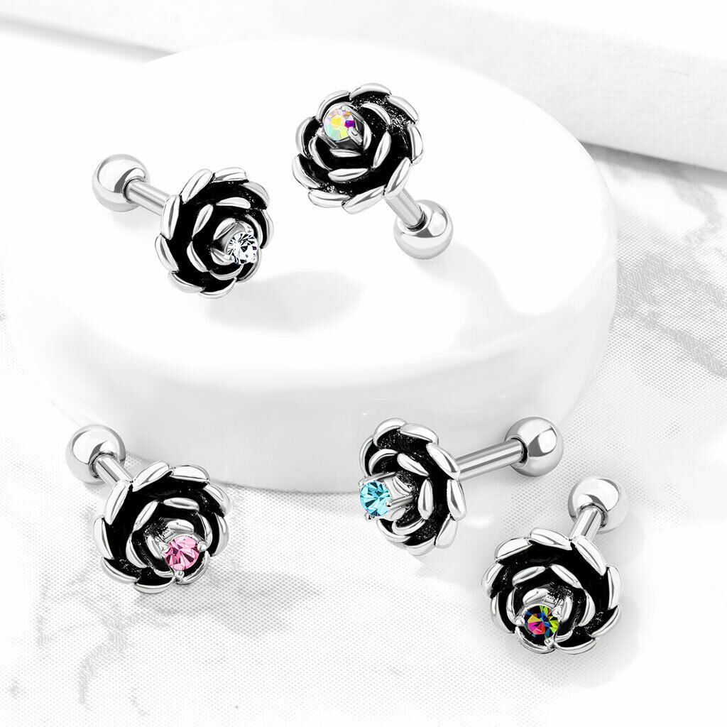 1pc Antique Silver Flower Helix Tragus Cartilage Bar Stud Earring CZ Gem Center