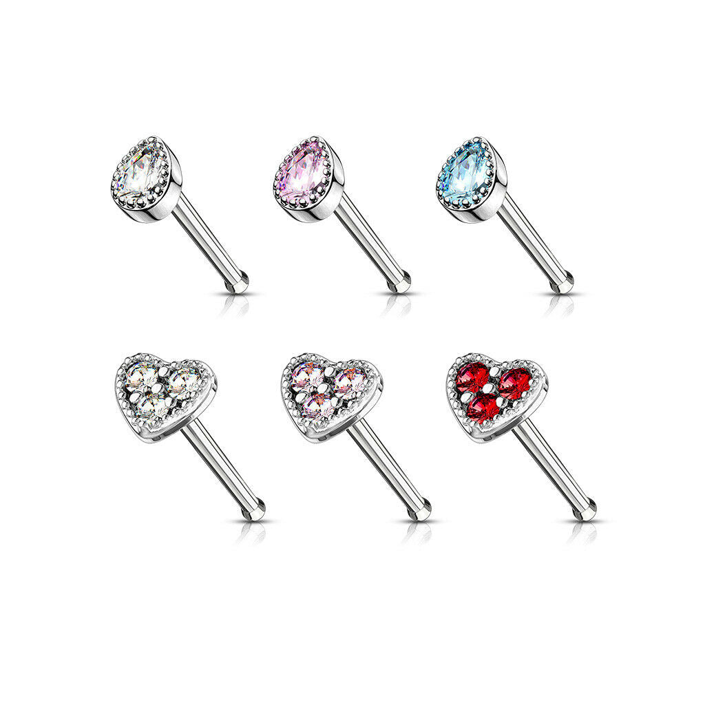 6pcs Tear Drop & Heart CZ Gem Nose Stud Bone Rings 20g Steel Box Value Pack