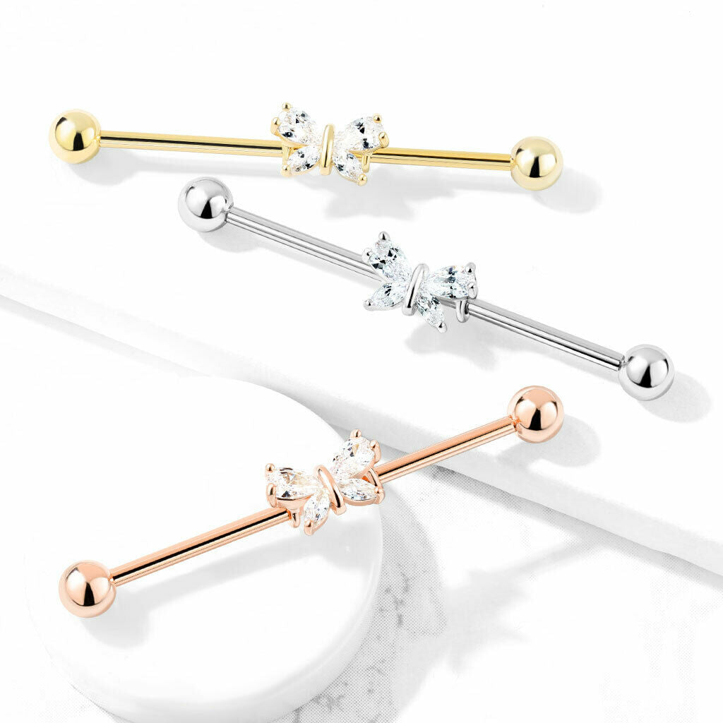 1pc CZ Gem Butterfly Industrial Barbell 38mm, 1.5", 1 & 1/2 inch inches