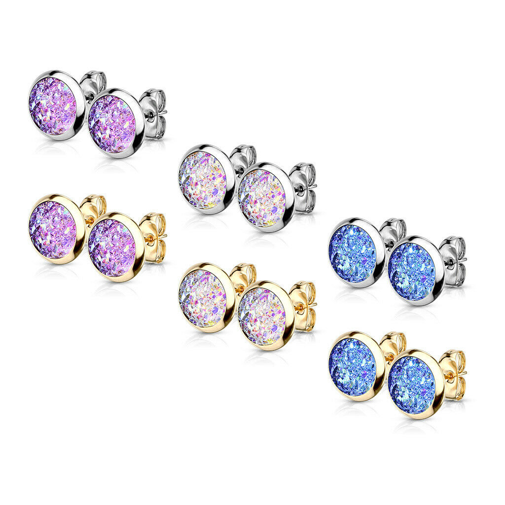 PAIR of Druzy Stone Set Stud Earrings 20g 316L Stainless Steel